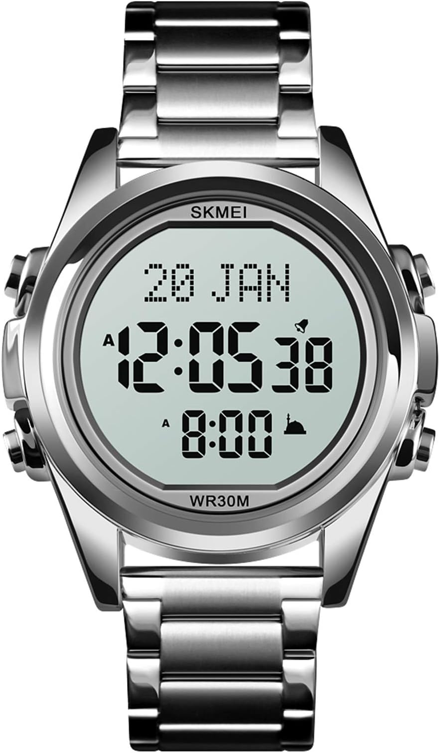 Digital Watch for Prayer Qibla Compass Hijri Calendar Bookmark City Selection Function Date Week Alarm Backlight 3ATM Men Azan Watches Wristband Men's Gifts