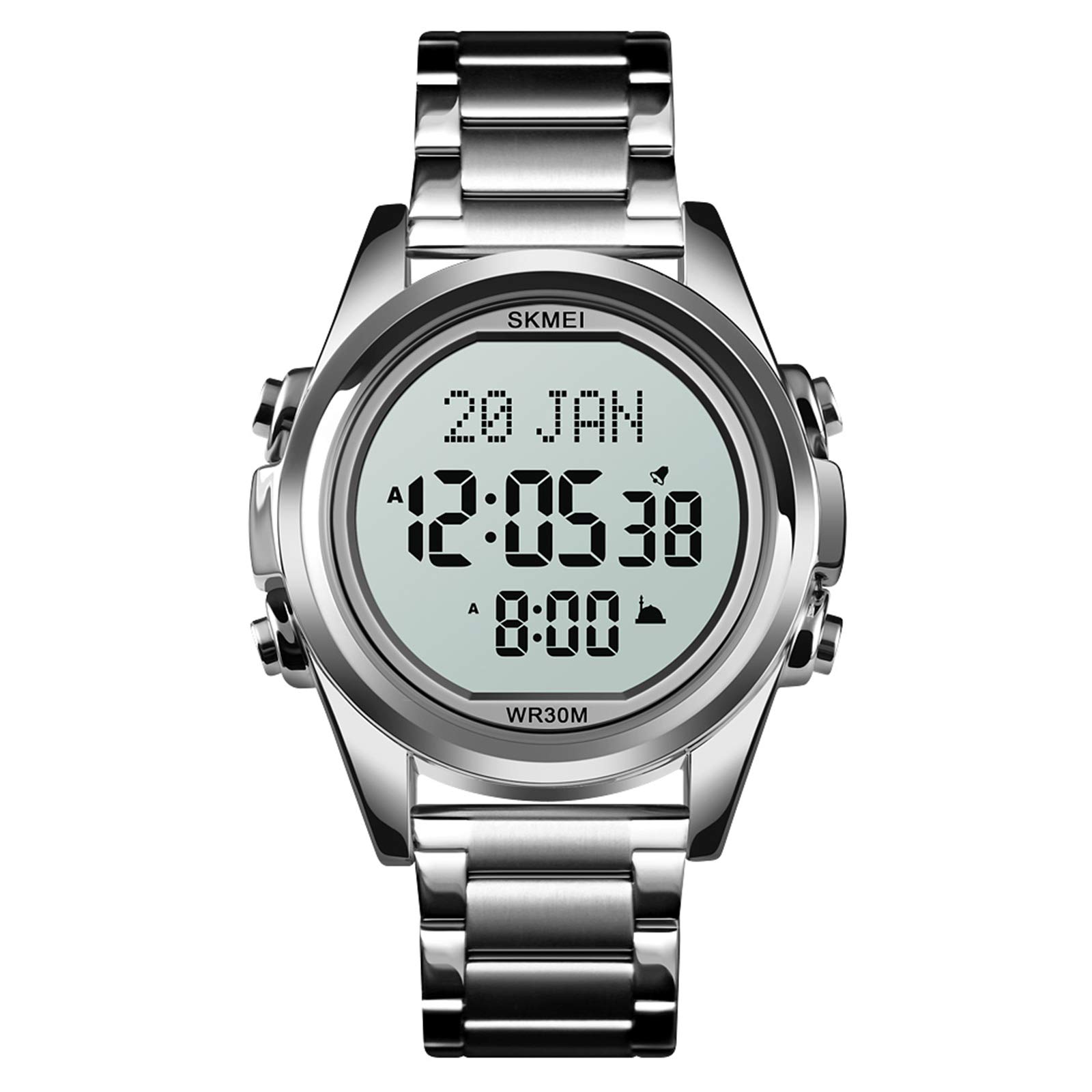 HingersDigital Watch for Prayer Qibla Compass Hijri Calendar Bookmark City Selection Function Date Week Alarm Backlight 3ATM Men Azan Watches Wristband Men's Gifts