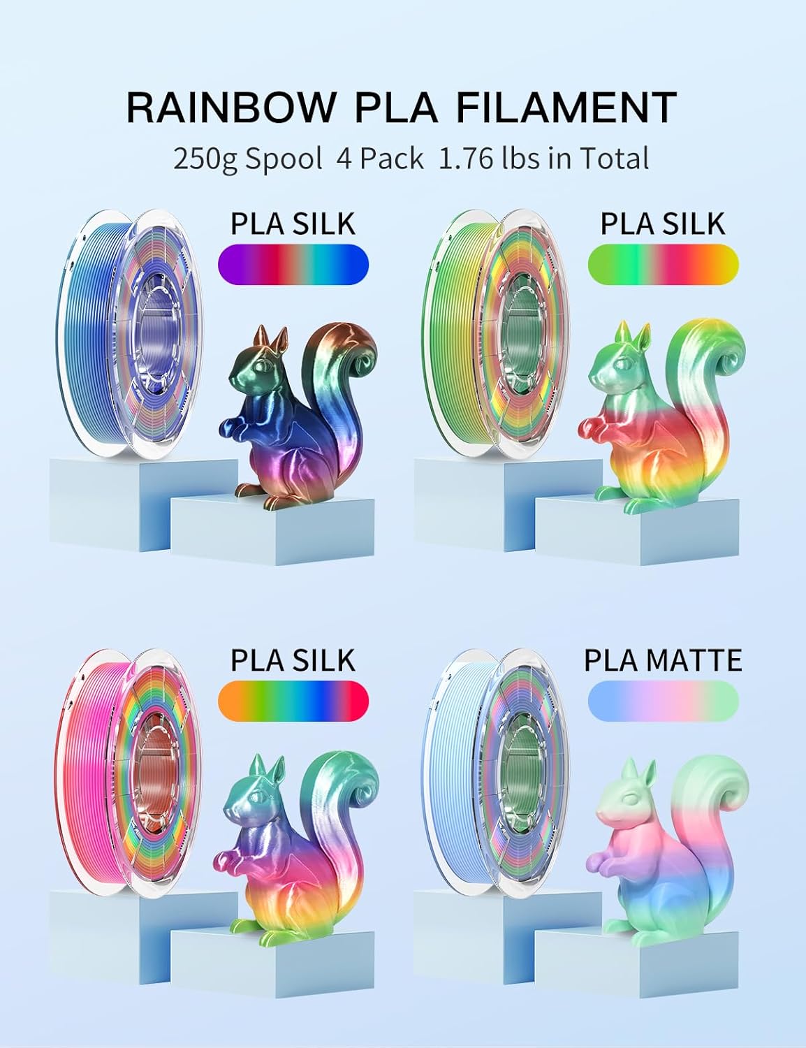 PINBALL Silk Rainbow PLA 3D Printer Filament 1.75mm Shiny Multi-Color Changing Filament 3D Printing PLA Filament Dimensional Accuracy +/- 0.02mm 250g*4 Silk Rainbow