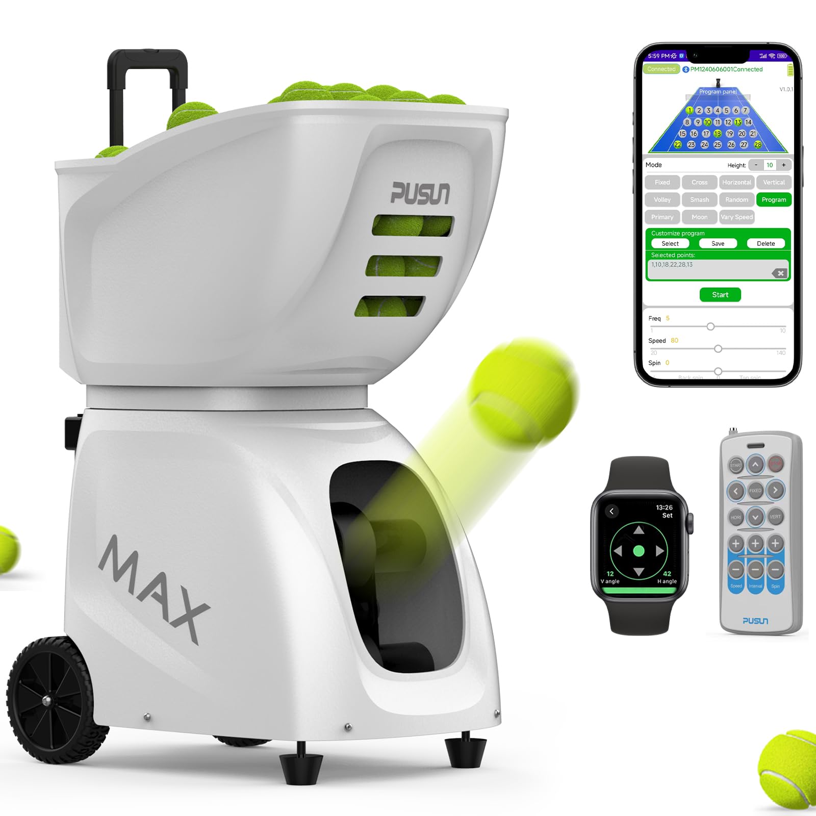 PUSUN PT-MAX C-【Inteligentna maszyna do piłek tenisowych】 Pojemność 145+ piłek, czas pracy baterii 5-7 godzin, prędkość 20-140 km/h, 28 punktów lądowania, 26 trybów stałych, sterowanie aplikacją