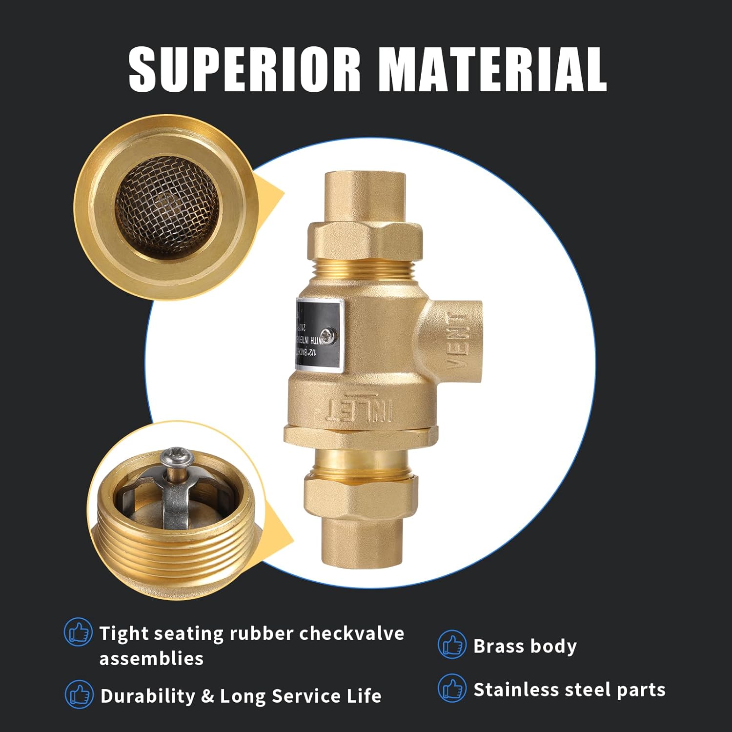 1/2" 9D-M3 Brass Backflow Preventer, 1/2 Inch Dual Check Valve with Intermediate Atmospheric Vent, 1/2 Back Flow Preventer Valve 190T012