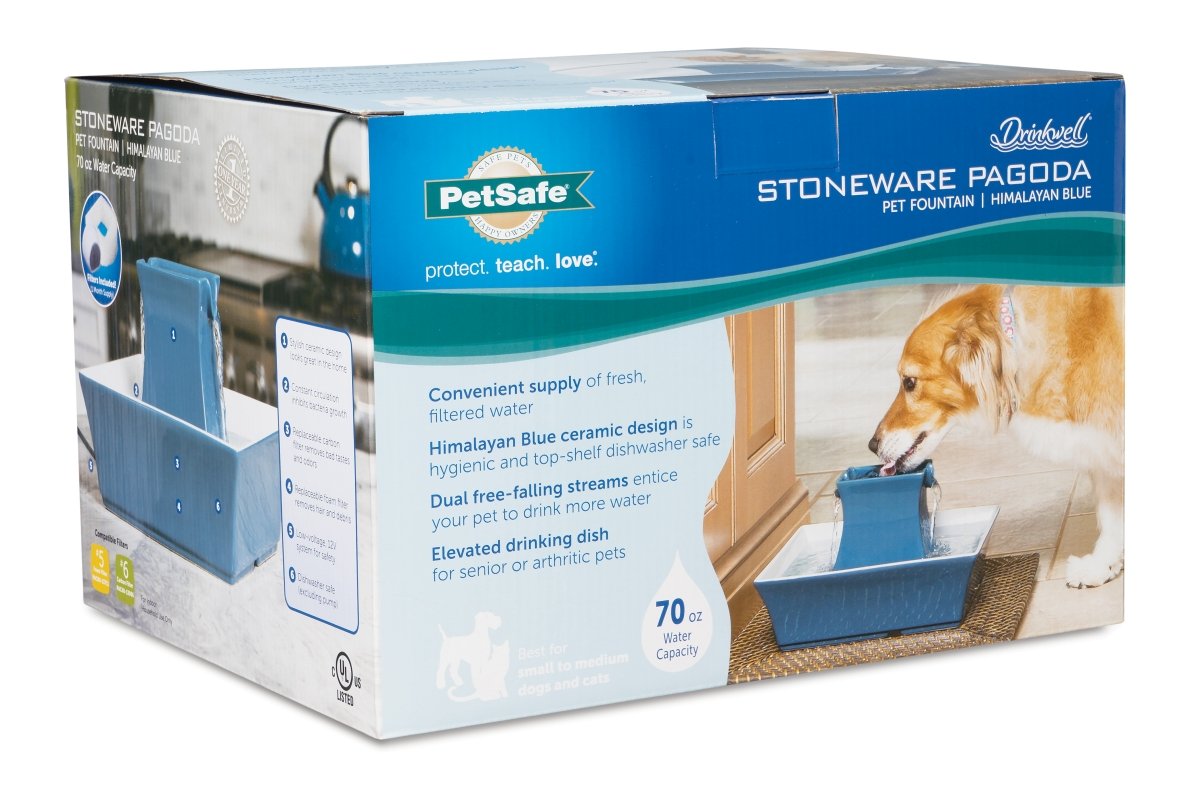 PetSafe Fuente de Agua para Gatos y Perros, dispensador automático de Agua, Fuente de cerámica para Pagoda Drinkwell para Mascotas, Filtro Incluido, Color Azul, 70 onzas, Modelo: PWW00-14898