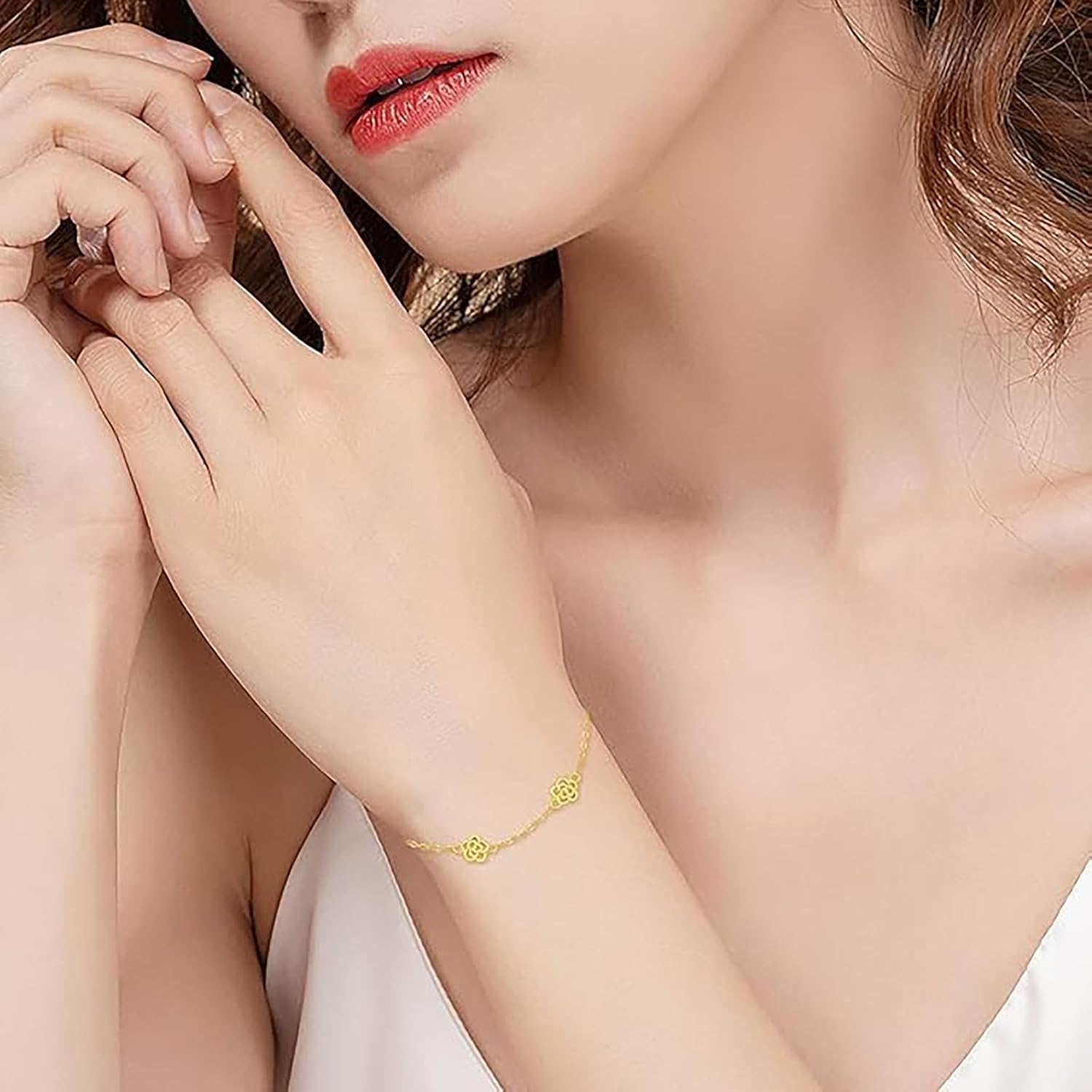 14K Solid Gold Rose Flower Bracelet for Women, Yellow Gold Created Three Flower Bracelet, Anniversary Birthday Jewelry Gifts for Wife Mom Girlfriend, 6.5+2 Inch