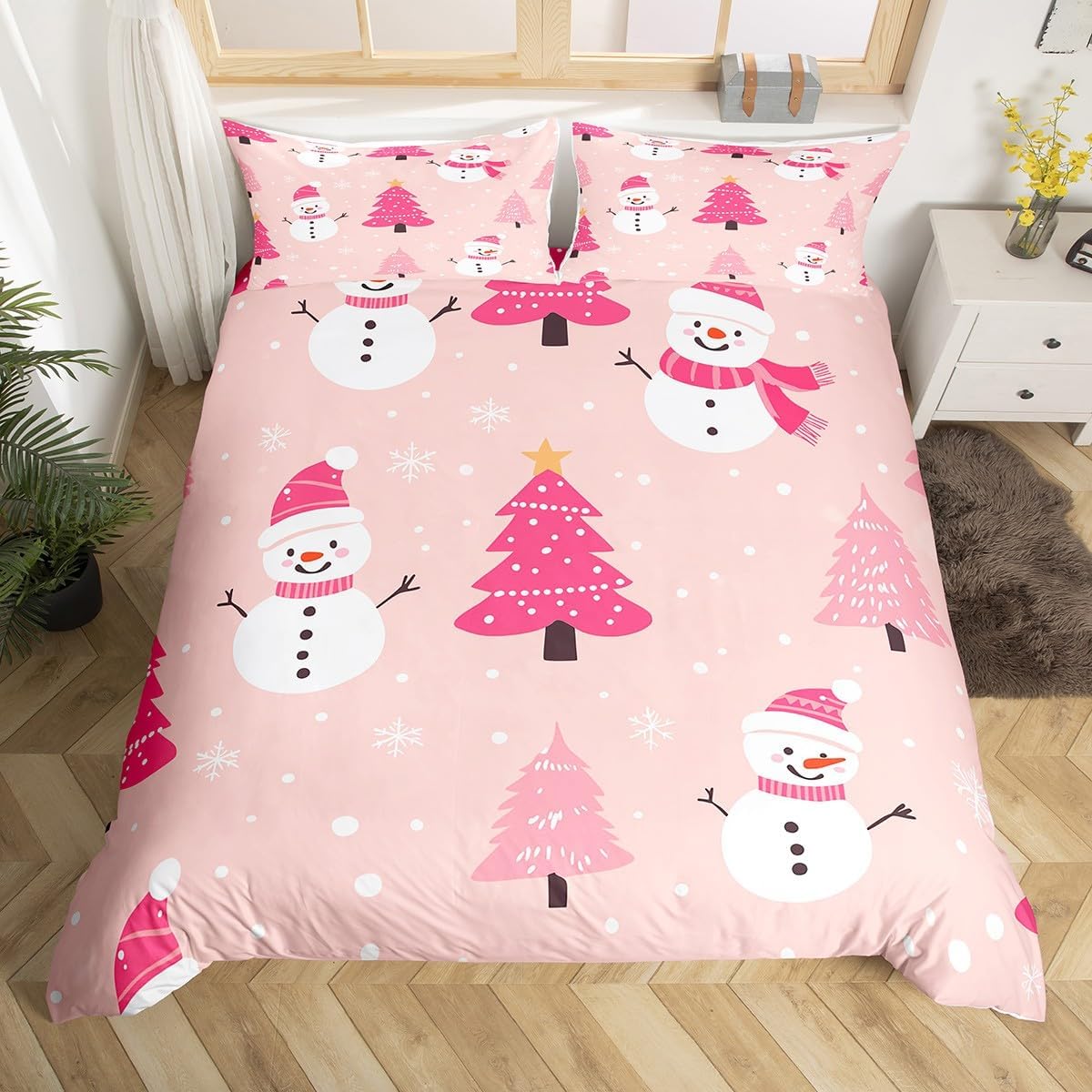 Erosebridal Cartoon Snowman Duvet Cover King,Girls Christmas Bedding Set for Happy New Year,Pink Christmas Tree Bed Sets,Xmas Snowflake Reversible Quilt Cover 3pcs Soft,no Comforter