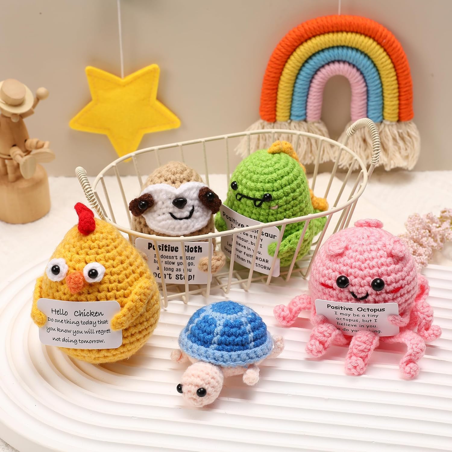 5PCS Emotional Support Crochet Animals Doll, Positive Crochet Animals with Positive Card Handmade Knitted Dolls Plush Cheer Up for Christmas Birthday Gifts Cute Home Room Decor - Image 5