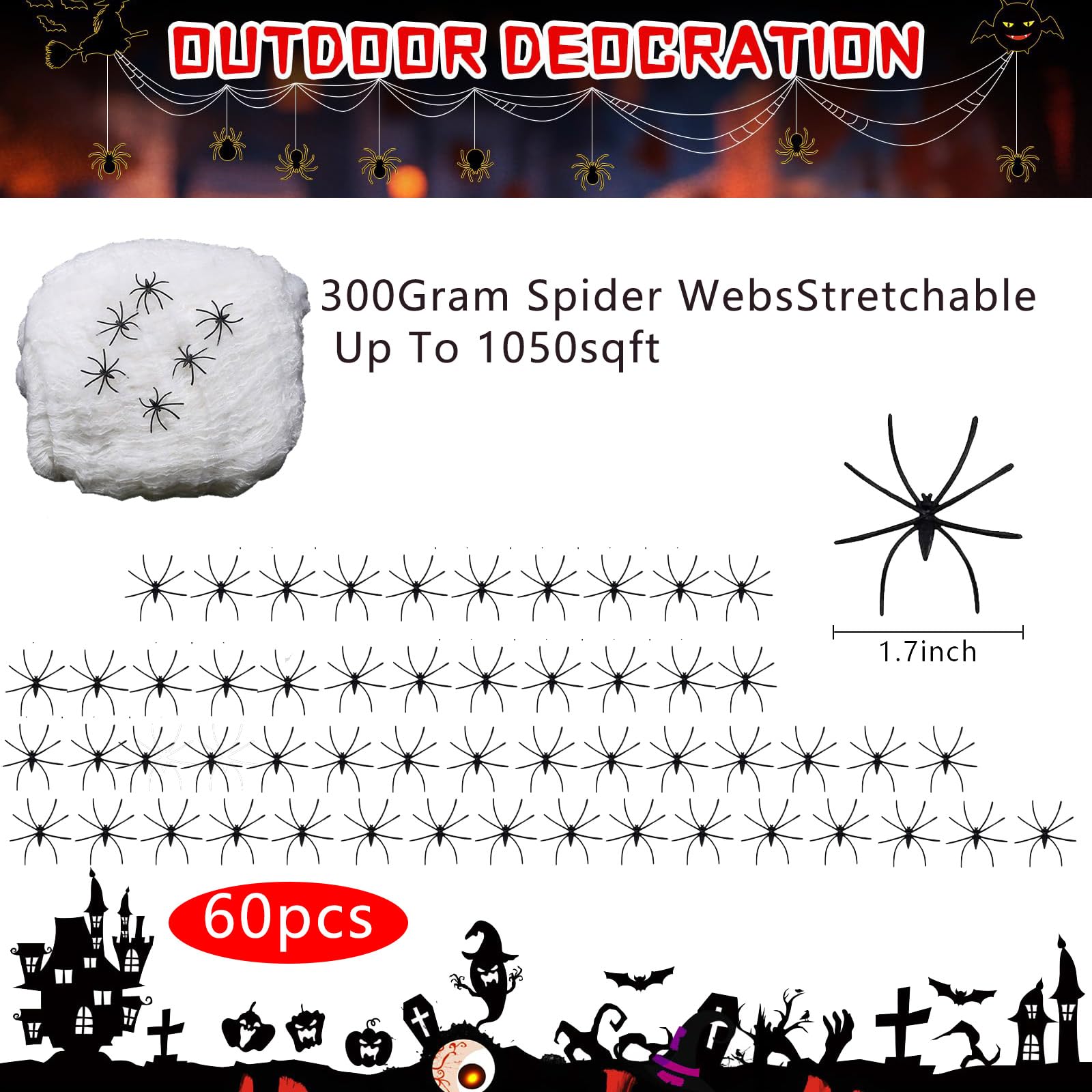 Telaraña De Halloween Decorativa – 300g De Tela De Araña Con 60 Arañas Falsas Para Interiores Y Exteriores