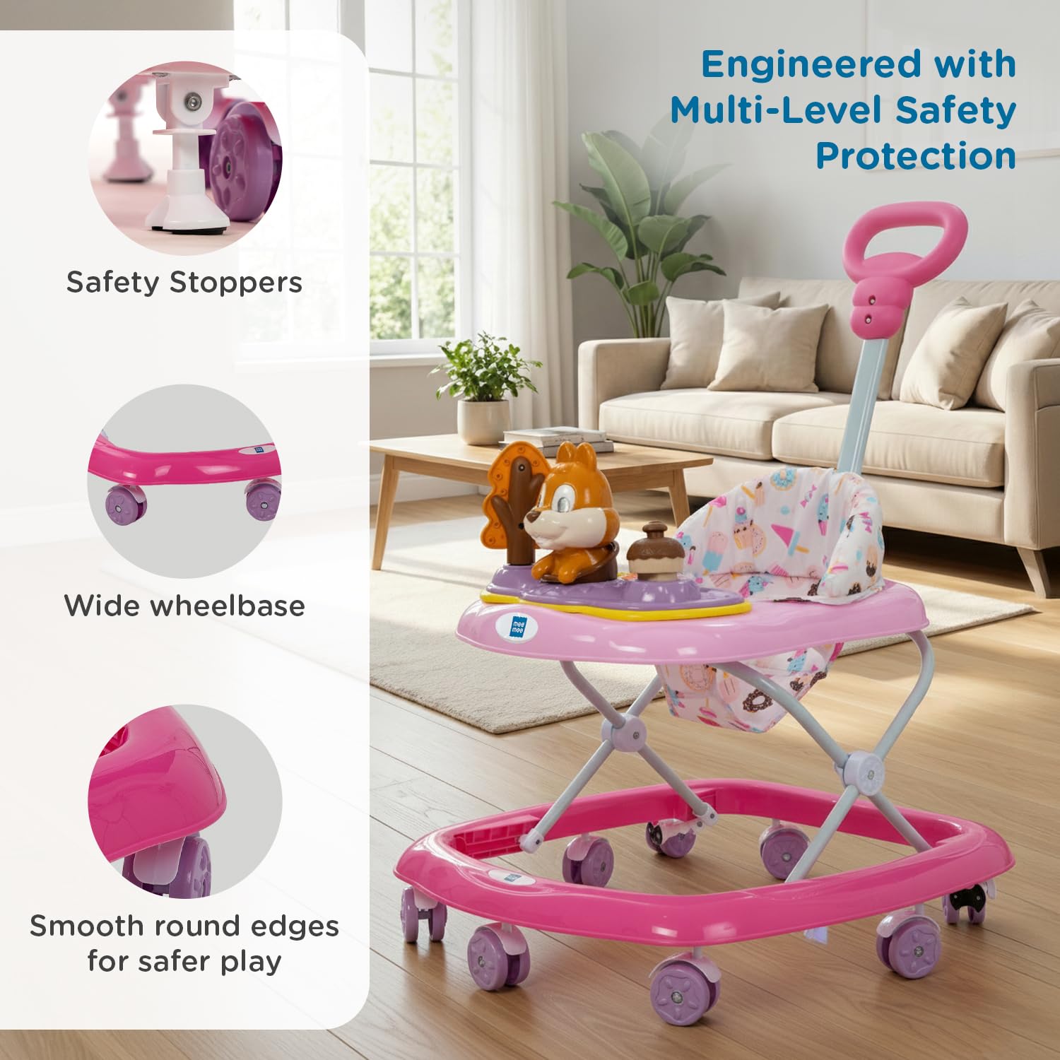 Mee Mee Rabbit Baby Activity Walker with Musical Toy & Feeding Tray | 3 Height Adjustable | Safety Stopper & Lights | Foldable Walker for 6β24 Months | Up to 15 kg | Pink 2