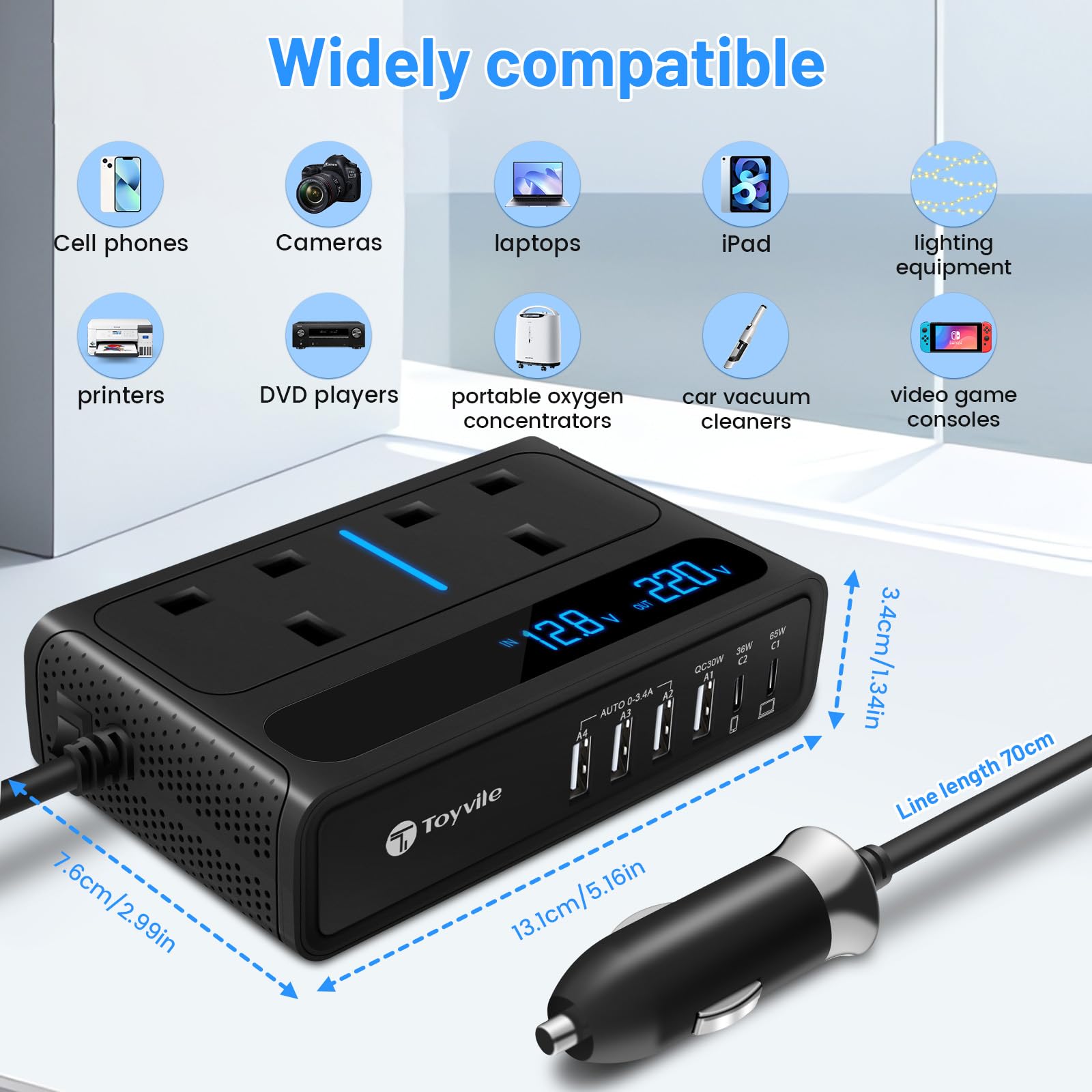 8 in 1 200W Car Power Inverter 12V to 240V / 230V with 2 Sockets, 4 USB Ports and 2 Type-C Ports,Fast Charging Car Voltage Converter Inverter,with Cigarette Lighter Plug,Suitable for Laptops, iPads — view 4