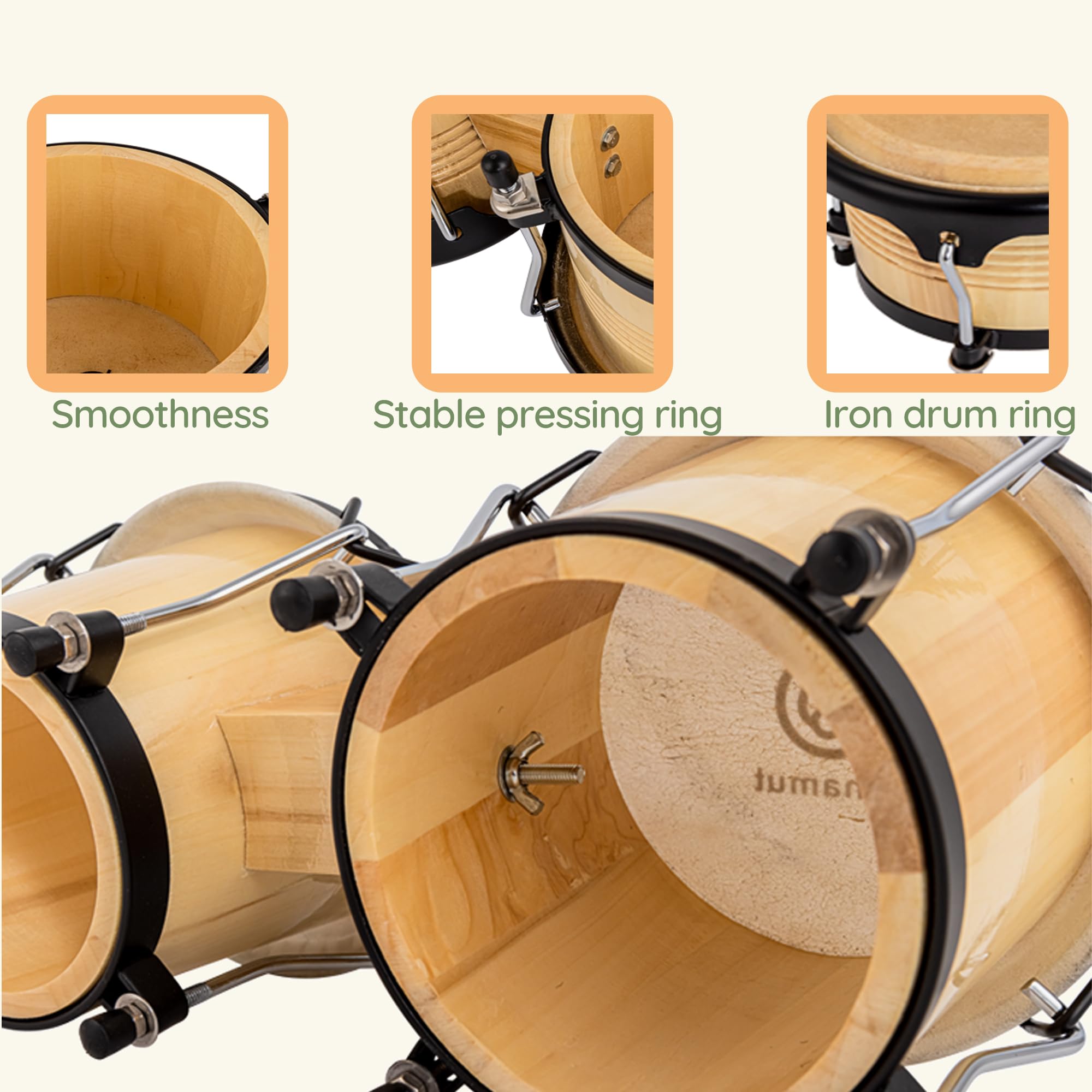 BAHAMUT Juego de batería Bongo, bongos de madera de 6 pulgadas + 7 pulgadas para adultos y niños principiantes, ideal para la educación y la práctica, viene con llave de afinación y bolsa impermeable