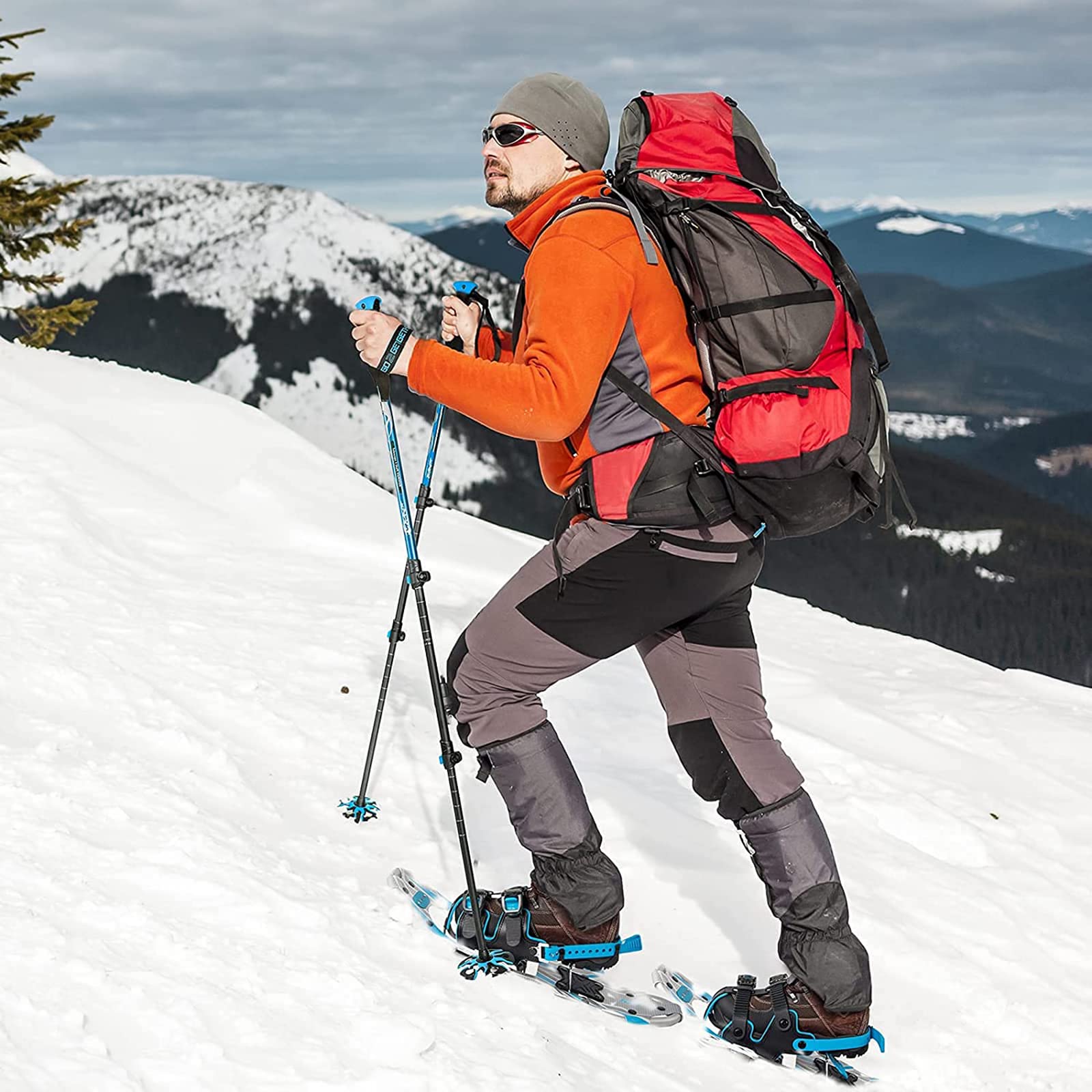 Zestaw rakiet śnieżnych z kijkami trekkingowymi i torbą do przenoszenia, wyściełane wiązanie z grzechotką EVA, podnoszenie pięty, pasuje do rozmiaru buta 35-45