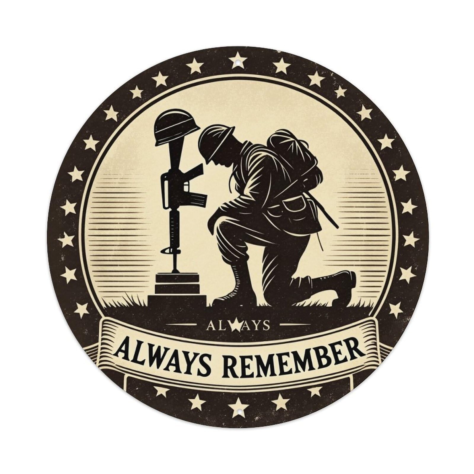 Soldier Kneeling Rifle Memorial Stars Round Tin Sign Retro Metal Sign for Cafe Bar Pub Home Game Room Gym Club Wall Decoration Vintage Metal Poster 8x8 Inch