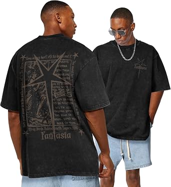 Flafens Oversized Tshirts for Men - Acid Wash Vintage T Shirt Graphic Tees Cotton Crewneck Short Sleeve Loose Tops