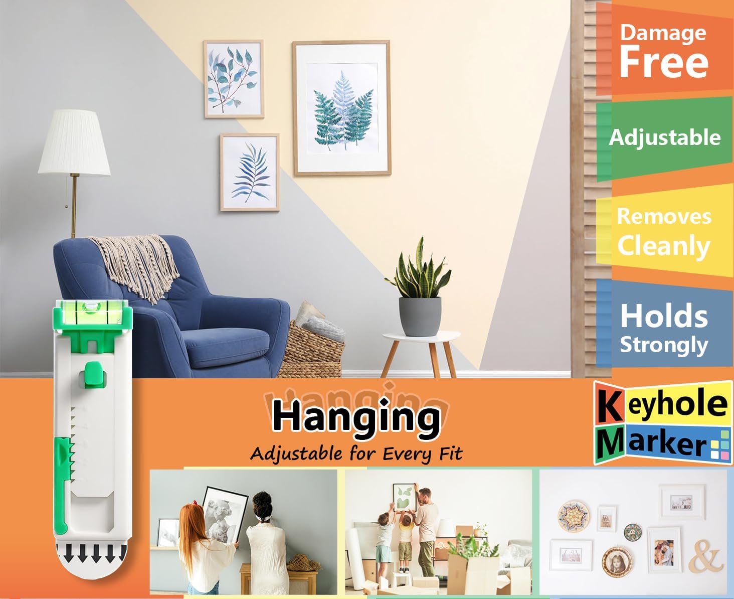 Damage Free Picture Hangers, No-Drill Adjustable Wall Hooks with Bubble Level, Fits Sawtooth, Wire, D-Ring & Keyhole Frames, Canvas Art & Wall Décor, Up to 4.4 lb Each (Optional Nail Reinforcement)