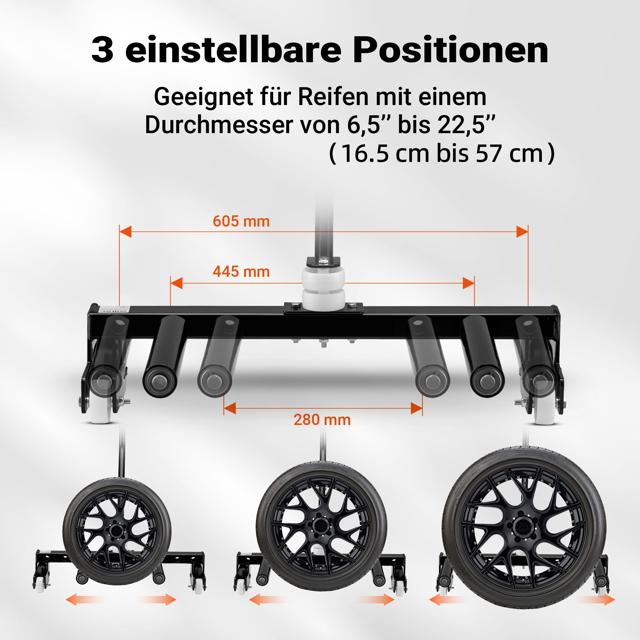 XPOtool Reifenmontagewagen bis 250 kg, Radheber aus Stahl als Radmontagehilfe für 17-56,5 cm (6,5-22,5") Reifen zum Reifen Wechsel, Reifen Montage