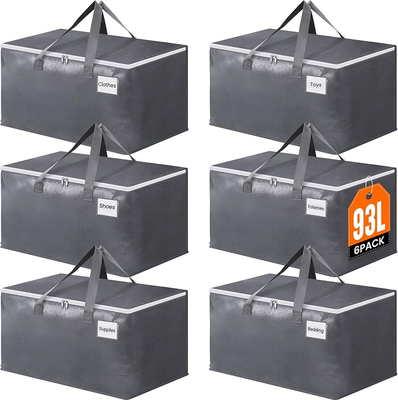 BlissTotes Bolsas grandes para mudanzas, bolsas de almacenamiento, paquete de 93L-6 | Bolsas para mudanzas con cremallera, asas para suministros para mudanzas con tapas, bolsas resistentes para bolsas de almacenamiento, ahorro de espacio, bolsas para mudanzas
