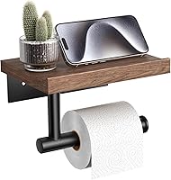 Vista 9 de Tindbea Soporte de papel higiénico con estante de madera, soporte de rollo de papel de seda de montaje en pared, negro mate, accesorios de baño