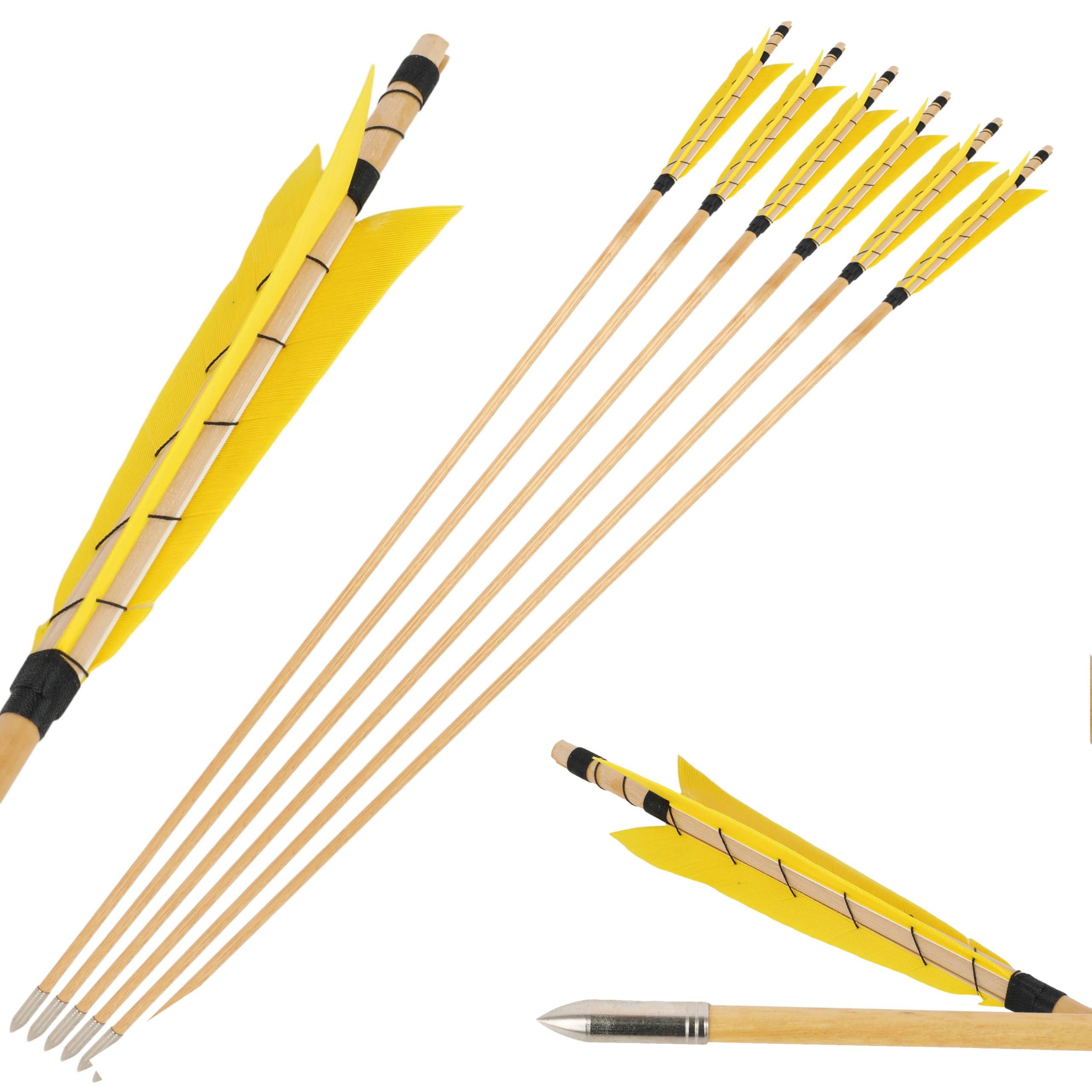 SHARROW 6/12pcs Tir à l'arc Flèches de Bois Flèches de Chasse Traditionnelles Arbre de Flèche en Bois avec 5" Plumes Naturelles Métal Pointe de Flèche
