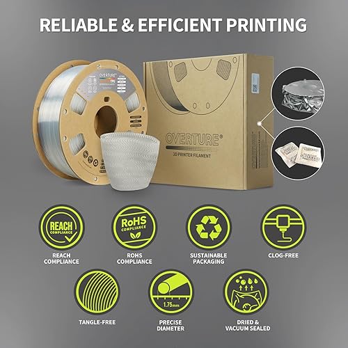 Vista 141 de OVERTURE - Filamento de TPU de alta velocidad 1/16 pulgadas, rollo flexible 95A, impresora 3D, precisión dimensional +/- 0.001 pulgada, se adapta a