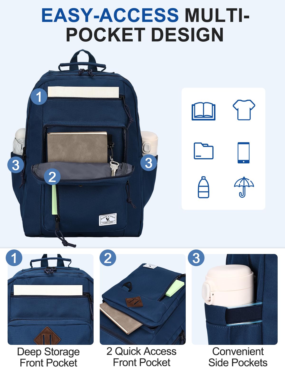 VX VONXURY Zaino Scolastico, Grande Daypack Casual Resistente All'acqua Con Doppi Confronti Zaini Da Viaggio Leggeri