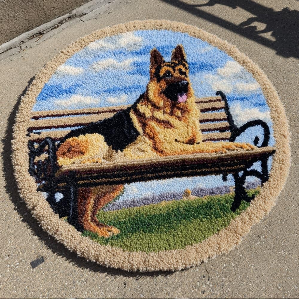 kitphoenix Round DIY Latch Hook Rug Kits German Shepherd 20X20Inch (50X50Cm) Easy for Beginners Round Carpet Crochet Yarn Craft Large Rug Hook and Latch Tapestry for Home Decor