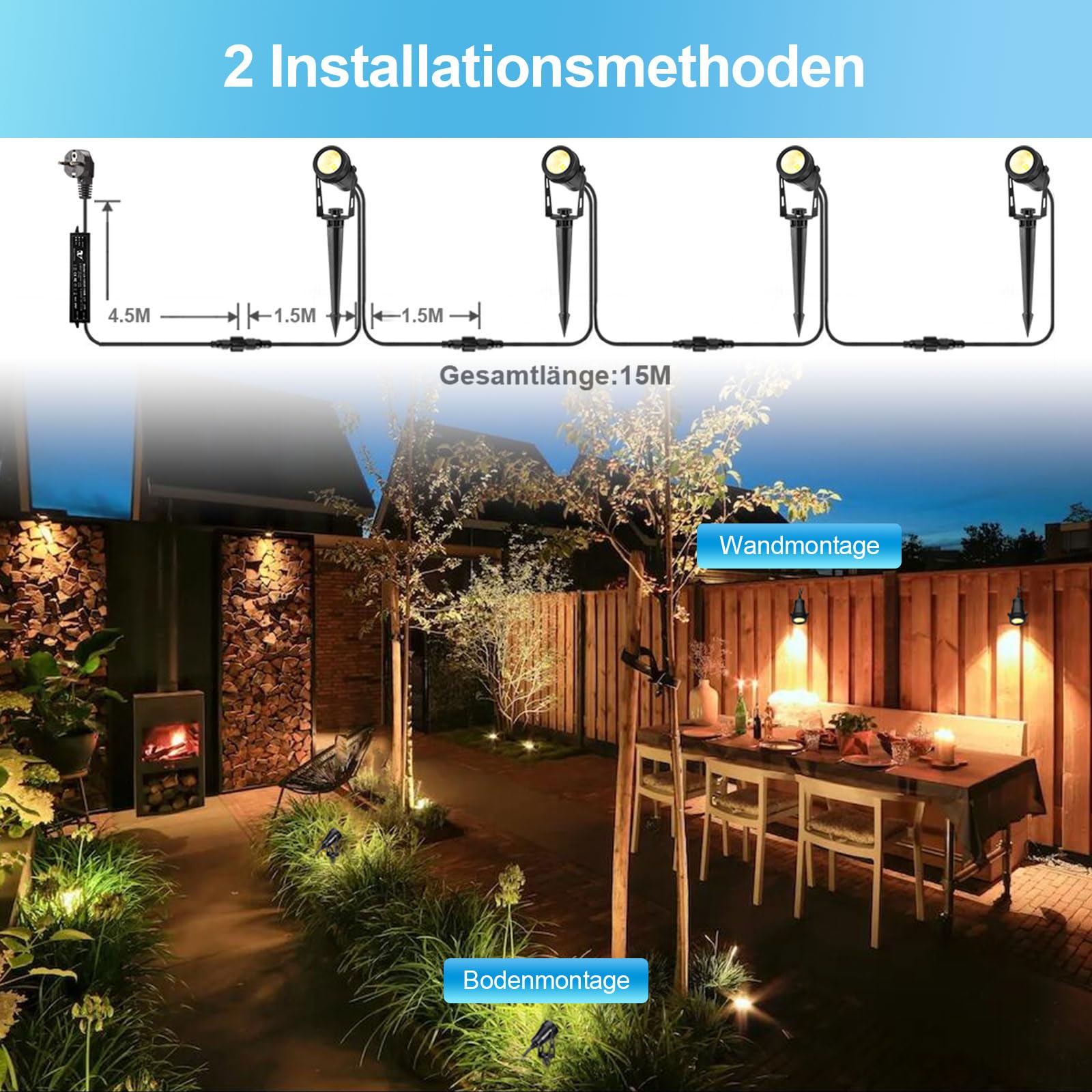 Illuminazione da giardino a LED, 15 m, 4 faretti da giardino con picchetto, 12 V, 3 W, 1200 lm, IP65, impermeabile, luce bianca calda, per esterni, giardino, prato, stagno, yard
