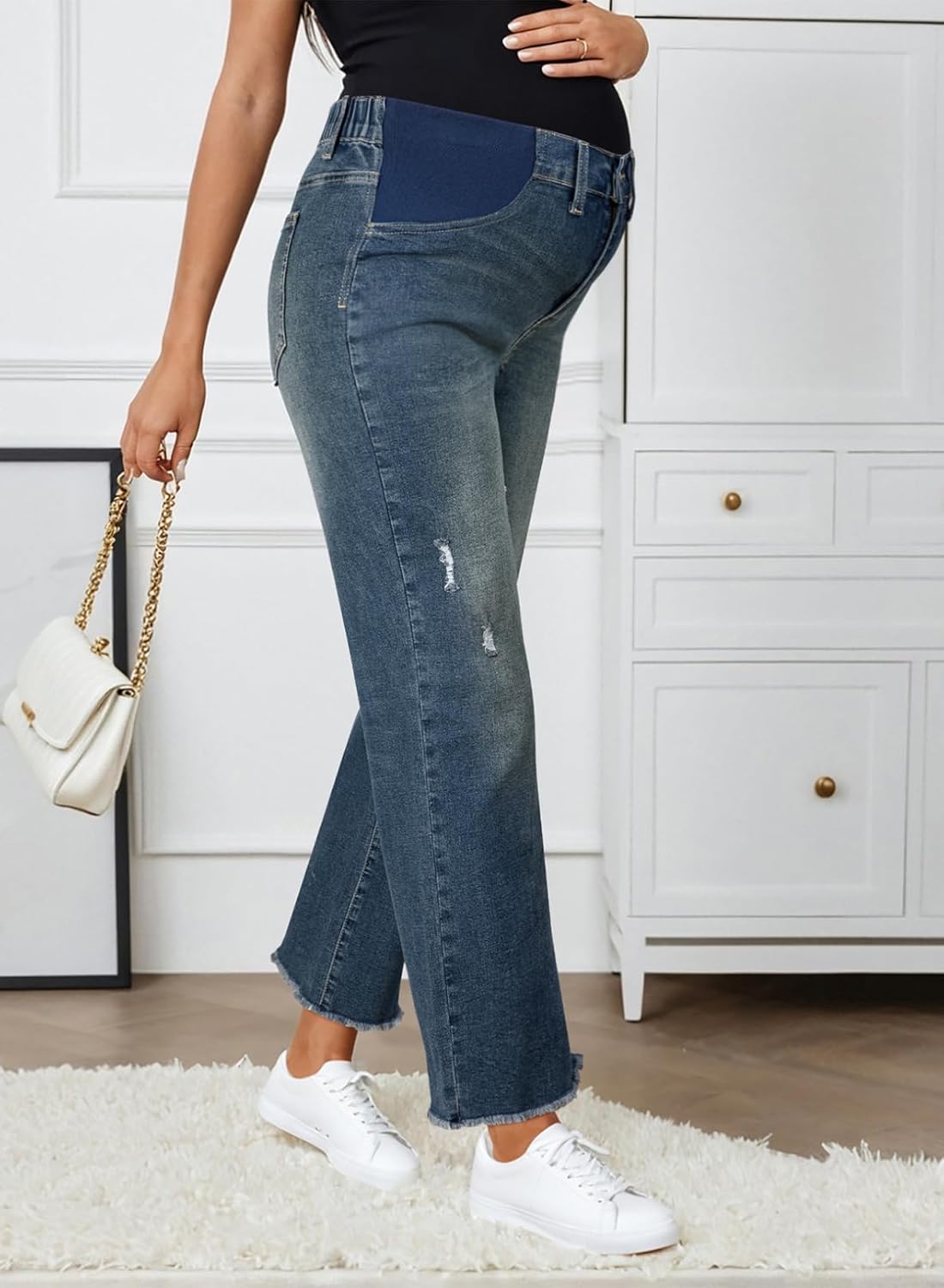 BLENCOT Women's Maternity Capri Jeans Stretch Denim Pants Ripped Raw Hem Straight Leg Pregnancy Postpartum S-XXL - Image 4