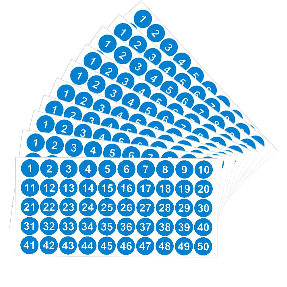 Licqic Blue 10 Sheets Self Adhesive Number Stickers, 1 To 50 Sticky Round Number Labels For Sorting, Organizing, Storage Boxes, Lockers, Office&School Supplies, 1 Inch
