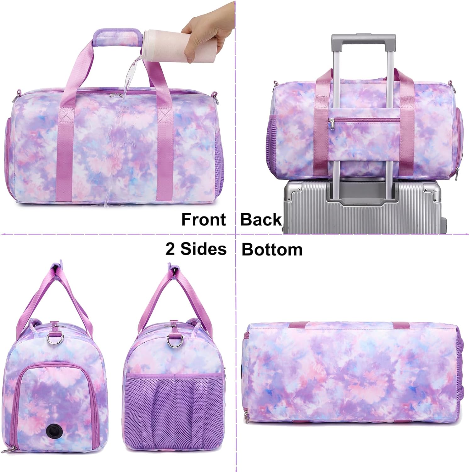 Dance Bag for Girls Sports Gym Bag for Girls Teen Travel Duffel Bags Waterproof Tie-dye Purple Overnight Duffel Bag with Shoe Compartment Ballet Gym Bag - Image 2