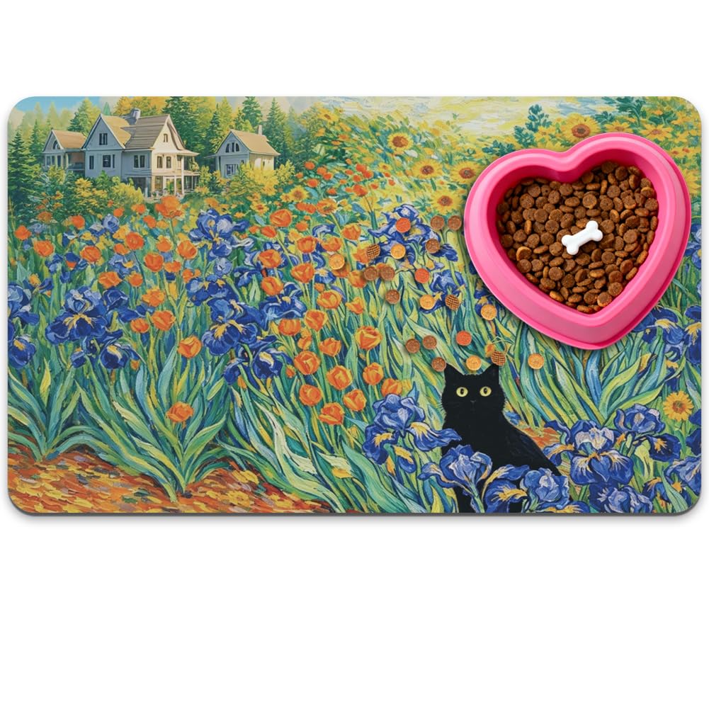PRESSINART Black Cat Food Mat 12"x 20" Floral Cat Dog Feeding Mat for Food and Water Bowls Diatomaceous Earth Absorbent Quick Dry Non Slip Pet Feeding Placemat Floor Protector for Messy Drinkers