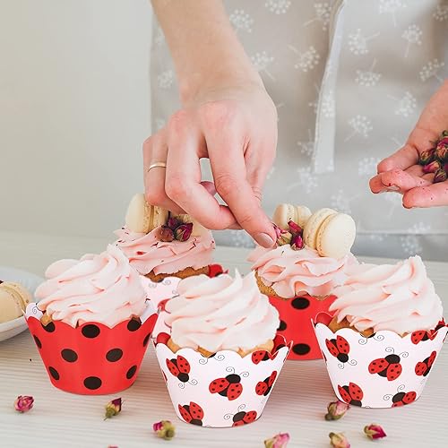 Miniatura 6 de 48 envoltorios de cupcakes con patrón de mariquita, envoltorios reversibles de lunares para tartas, envoltorios festoneados para tartas, envoltorios