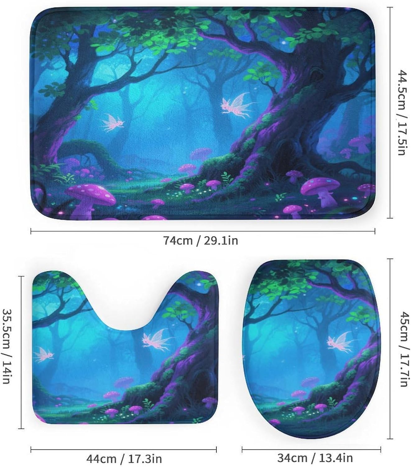 Elf Realm Bath Rug Set 4 Piece,Bathroom Accessories Set-Toilet Rugs U Shaped,Toilet Lid Cover,Shower Curtain and Rugs,Ultra Soft, Absorbent,Home Decor