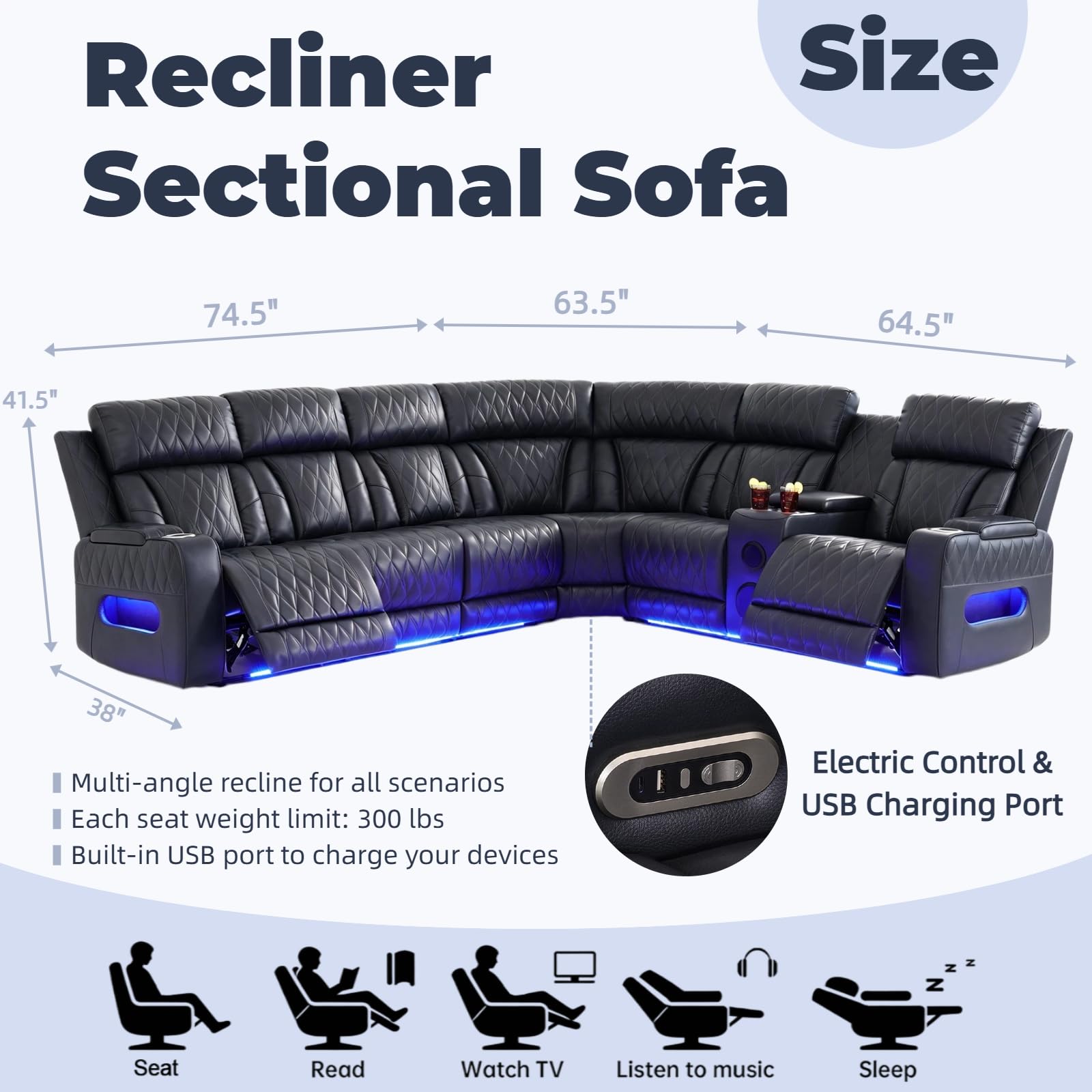 Power Reclining Sectional Sofa with Speakers & USB Charging Port view 2