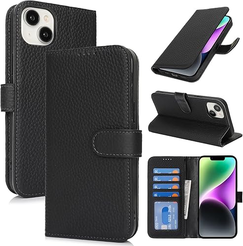 Vista 24 de Zouzt Funda para iPhone 11 de 6.1 pulgadas de piel auténtica con 4 ranuras para tarjetas, tarjetero con bloqueo RFID, tapa magnética, función atril