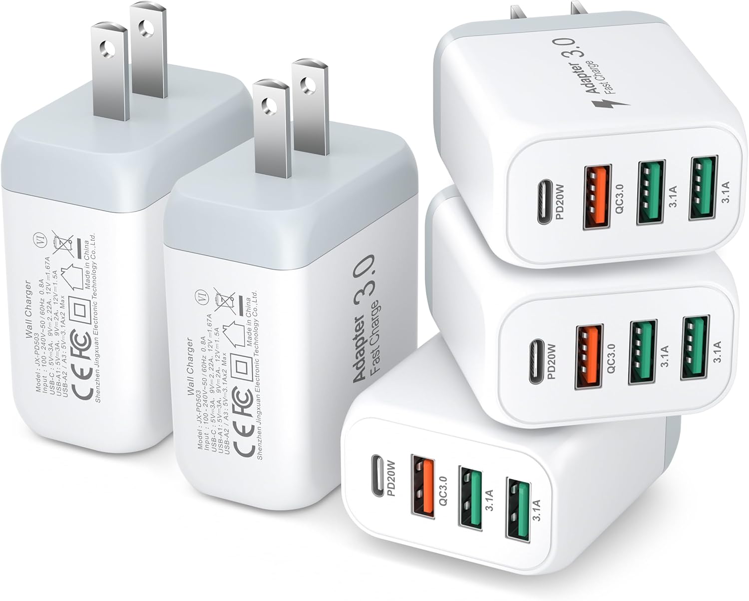 5 Pack USB C Wall Charger, Bangfun 40W QC+PD 3.0 Fast Charging Block Multiport USB Wall Plug Power Adapter Compatible for iPhone 17 16e 15 14 13 12 11 Pro Max Air, Galaxy,Pixel(White)