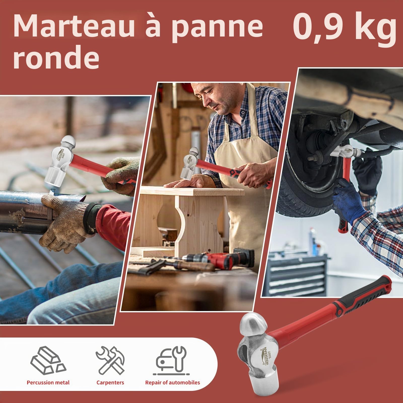Marteau de Forgeron à Panne Ronde 1100 g Acier Carbone Forgé | Tête à panne ronde en acier au carbone, manche 33 cm antidérapant. Pour le travail du métal et la réparation de charpente.