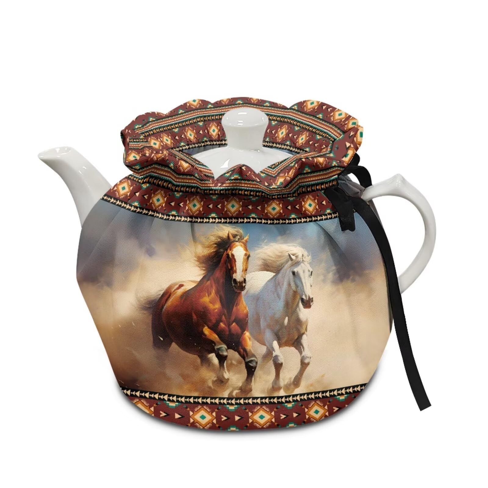 Ystardream Tribal Horse Tea Pot Dust Cover Kettle Cloth Cover Tea Cosy with Adjustable Drawstring Insulated Kettle Tea Warmer Fits Most Breakfast Pots Decorative Pots Cozy