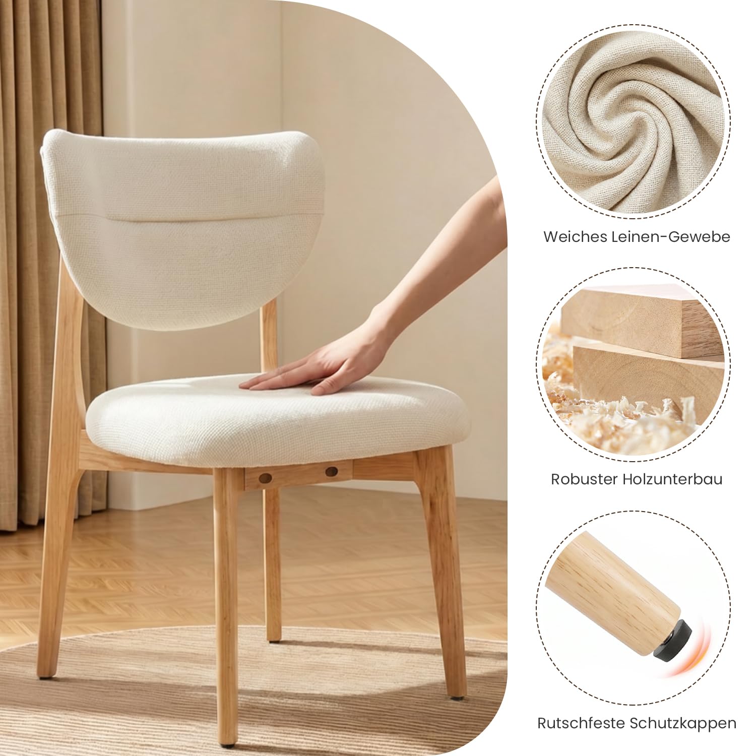 Küchenstuhl Esszimmerstühle 2er Set, Polsterstuhl mit Holzbeinen | Polsterstuhl aus Stoff, Massivholzgestell, 8cm dicke Schaumstoffpolsterung, ergonomische Rückenlehne, bodenschonende Gleiter