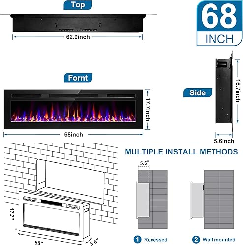 Miniatura 2 de Chimenea eléctrica de 68 pulgadas empotrada y montada en la pared, calentador de chimenea y chimenea lineal, chimenea eléctrica ultrafina, bajo
