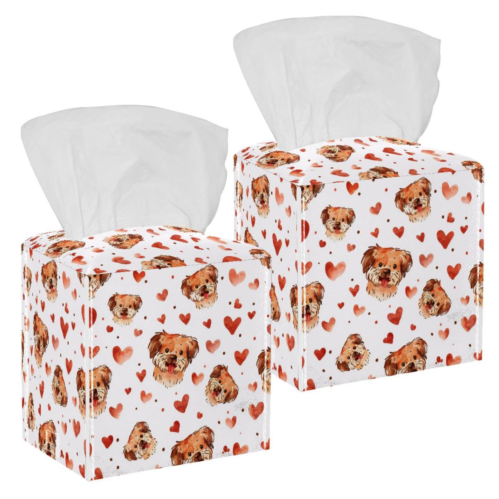 Dogs Hearts Tissue Box Cover, 2 Pack PU Leather Square Facial Tissue Dispenser Box holder for Home Office Car