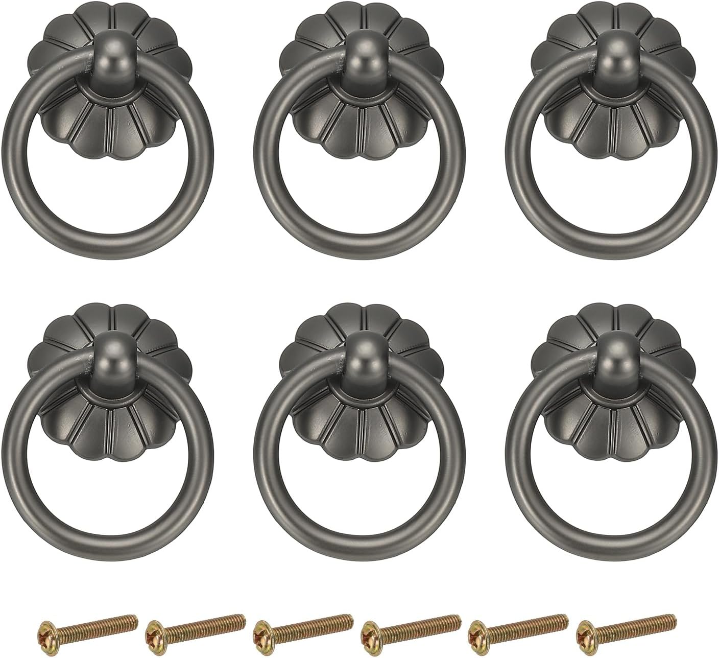 PATIKIL 6Pack Drawer Ring Pull Handles, 1.65" Zinc Alloy Hole Ring Cabinet Knobs with Screws for Cupboard Cabinet Drawer Dresser Closet Door, Matt Gunmetal