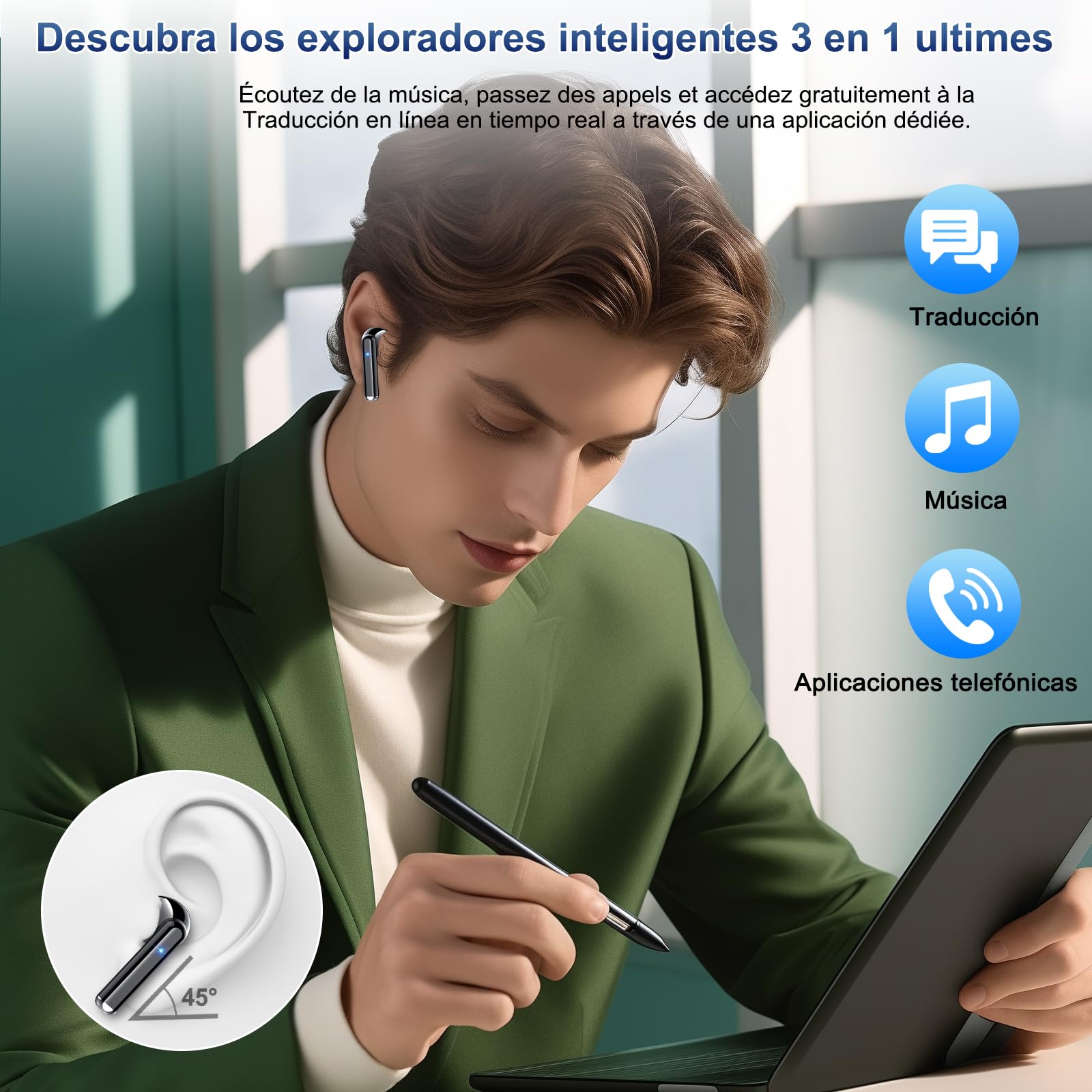 Auriculares Traductores de Idiomas, Cascos Inalambricos Bluetooth 5.4 con 164 Idiomas AI Traductor en Tiempo Real, 7 Modos de Traducción Auriculares con Cancelación de Ruido ENC con Negocios/Reunirse