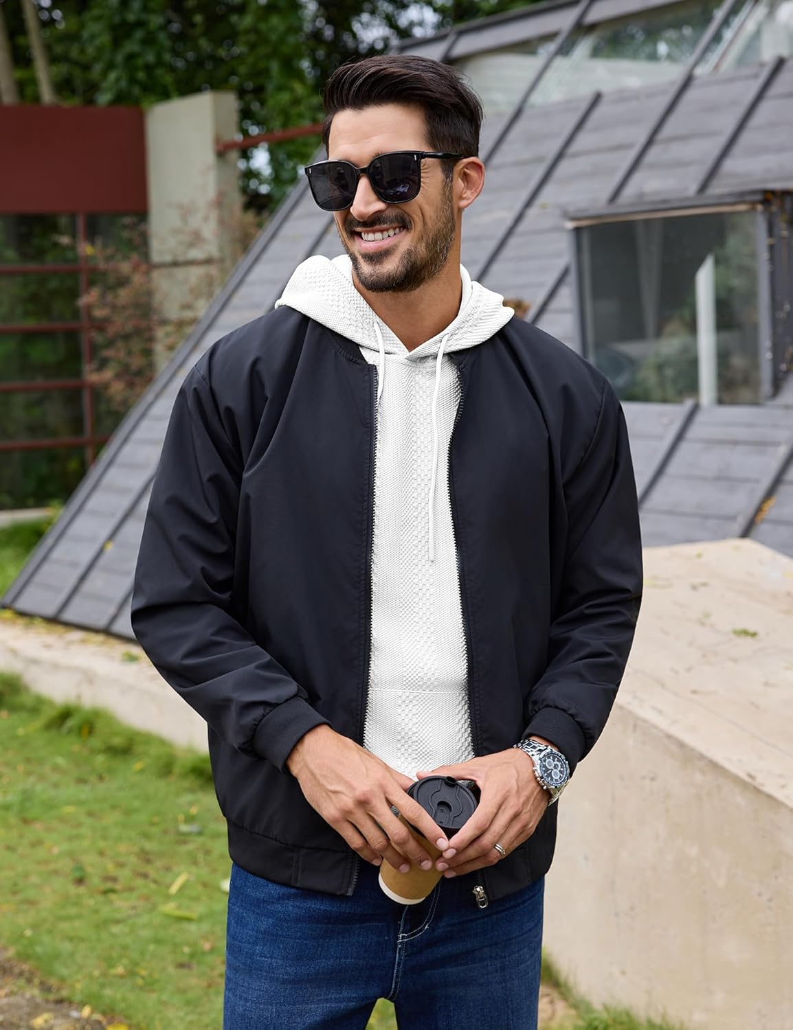 URRU Mens Hoodies Sweatshirts Texture Long Sleeve Drawstring Casual Pullover Hooded Shirt - Image 3