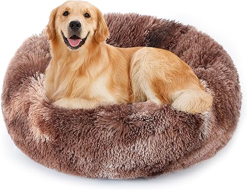 Miniatura 55 de NOYAL Cama calmante en forma de dona para perros y gatos pequeños a medianos. Cama para mascotas de pelo sintético de felpa antiansiedad con funda