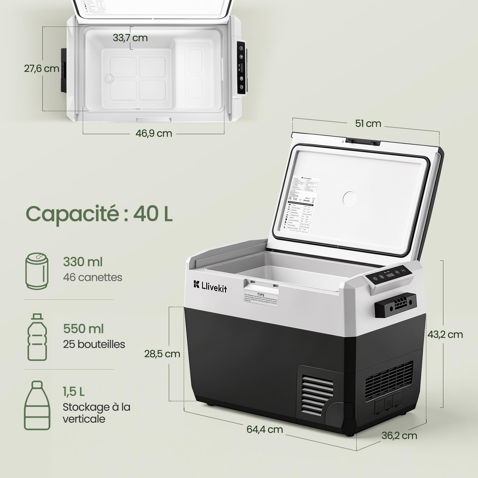 LLIVEKIT 40L Galcière Électrique à Compression, Frigo Voiture | 12/24/100-240V, pour Automobile, Camion, Camping, Bateau, Maison, avec Éclairage, Câble AC et DC, Noir