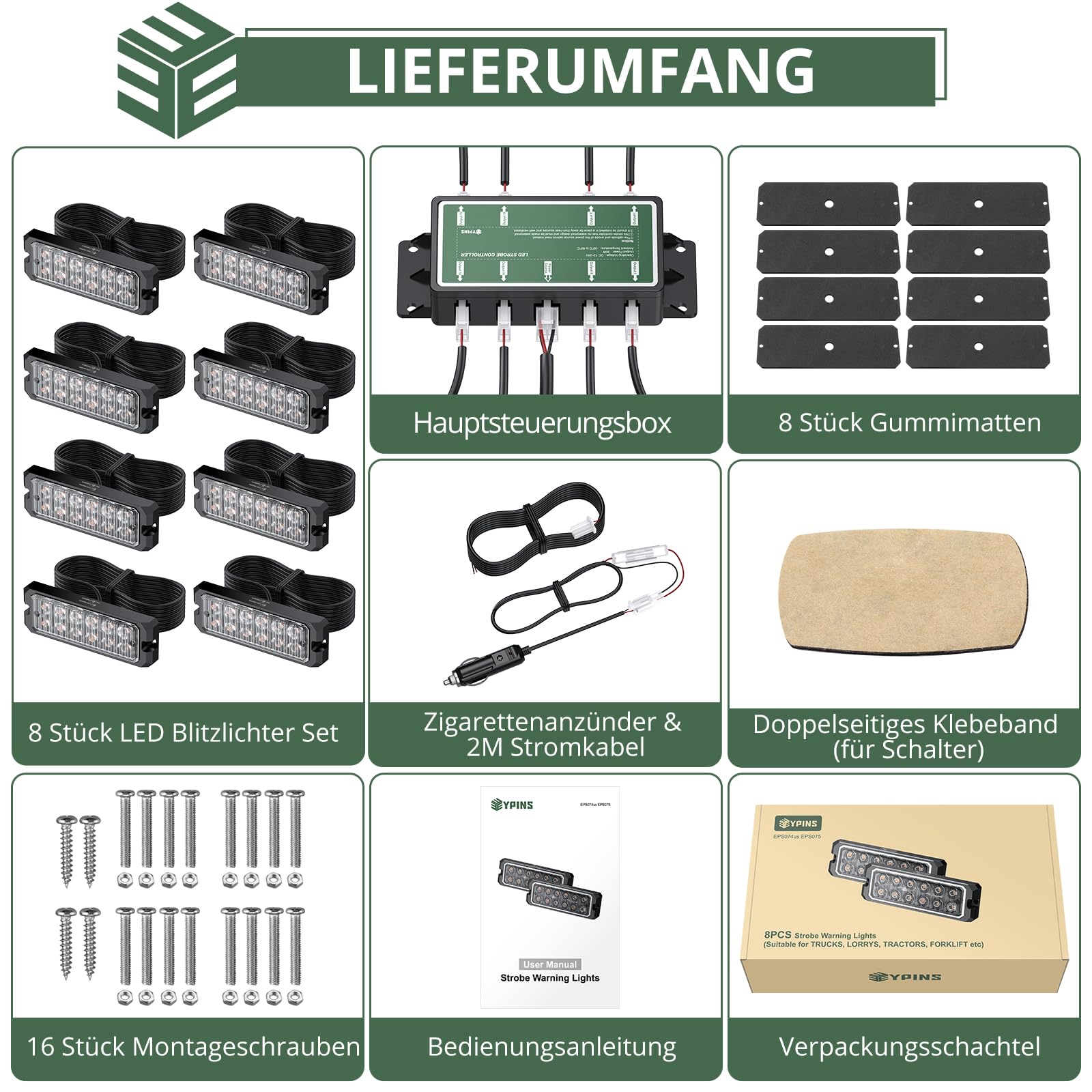 EYPINS 8X Warnleuchte Frontblitzer Auto, Blinklicht Stroboskop 12W/Leuchte, 14 Blitzmodi Warnlicht, Bernstein Notfall Warnung Blitzer für 12/24V Truck Traktor KFZ LKW Emergency Gabelstapler|IP65 E57