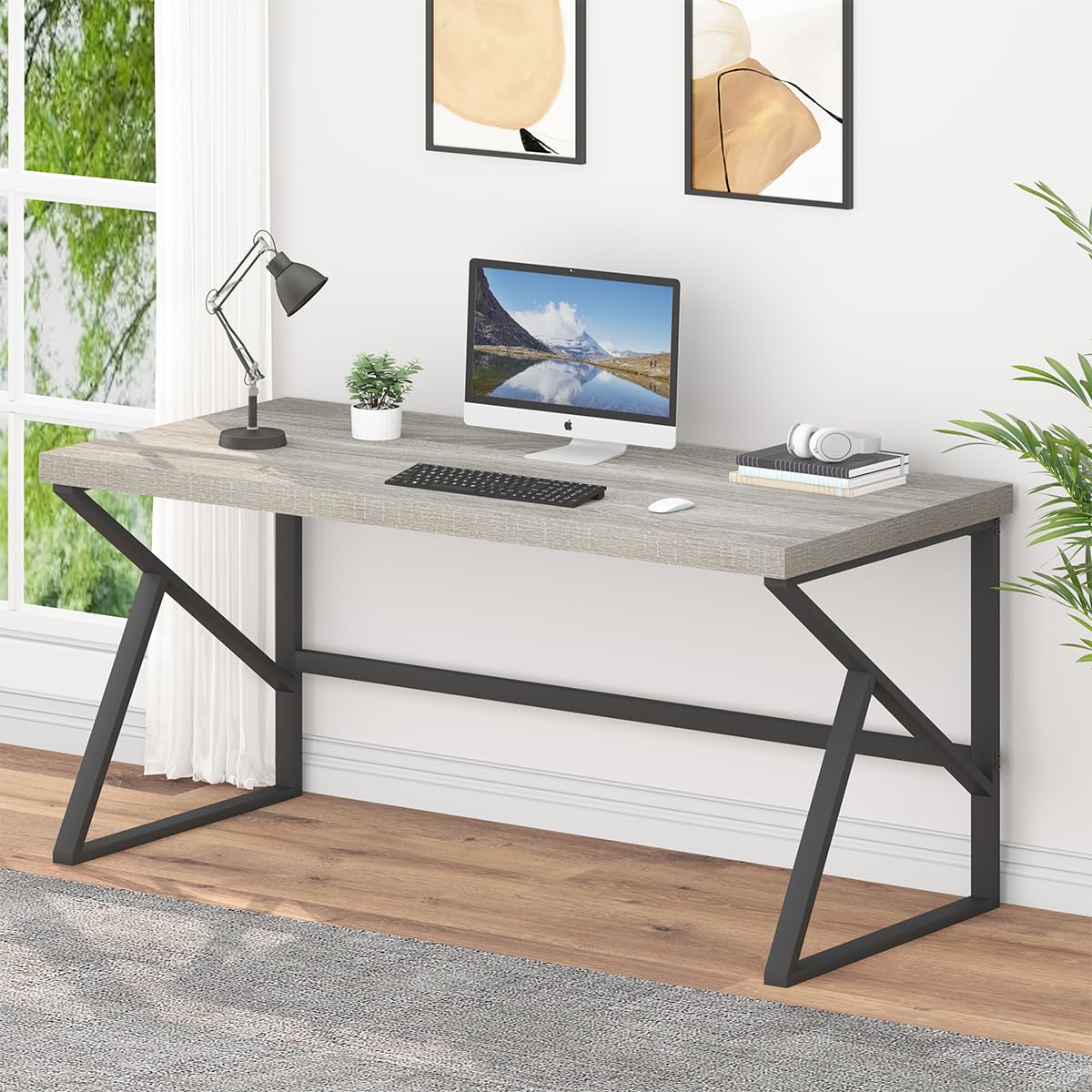 HSH Industrial Home Office Computer Desks, Farmhouse Metal and Wood Desk Computer Table, Simple Bedroom Laptop PC Desks for Student Writing Study Gaming Executive Workstation, Gary, 150cm