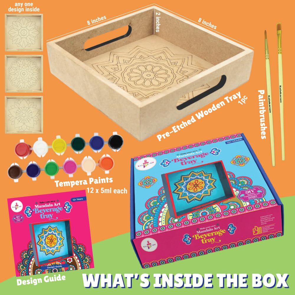 Kalakaram Make Your Own Mandala Art Beverage Tray DIY Activity Box, for Kids 12+ Year, Craft Educational Kit for Kids, Creativity Kit for Girls/Boys, Gift for Boys and Girls, Traditional Painting Kit - Image 2 thumbnail