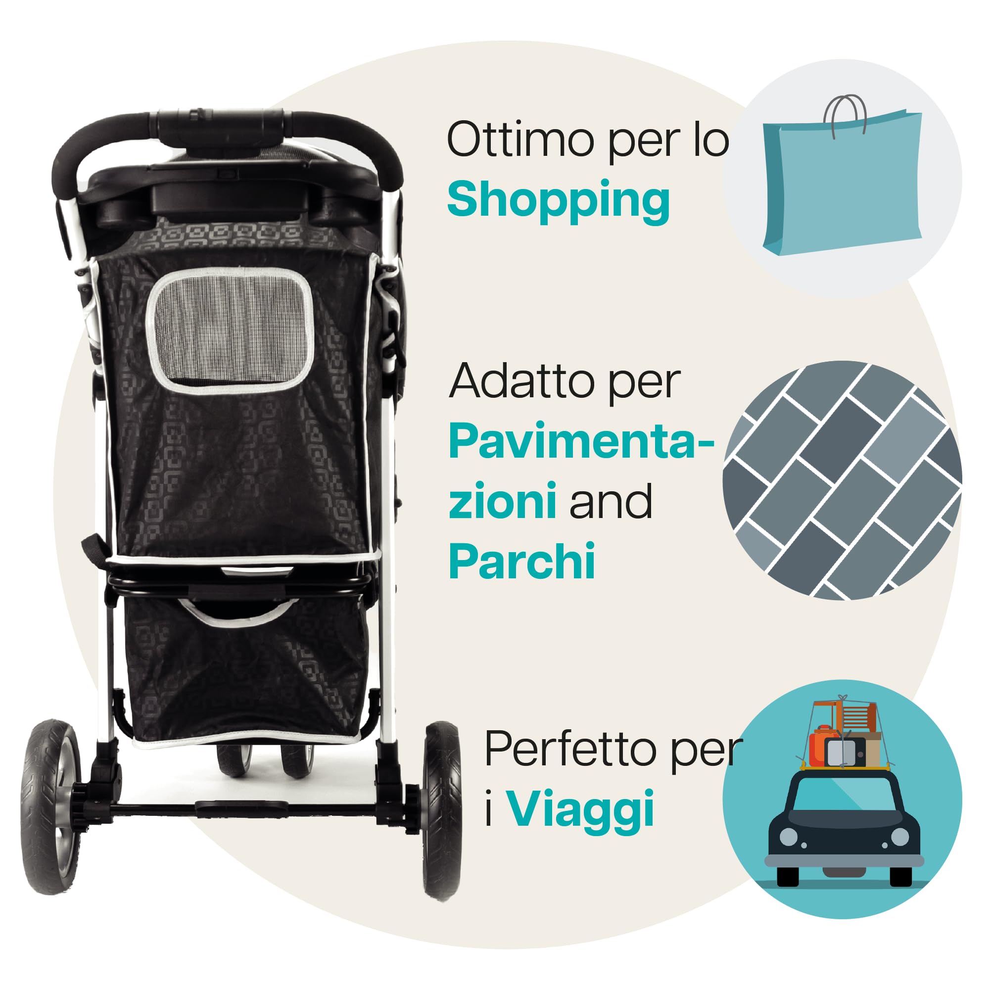 Innopet Monaco Passeggino per cani e gatti nero con copertura antipioggia, capacità 25 kg, pieghevole con una sola mano - Cestino portaoggetti convertibile - Cuscino double face