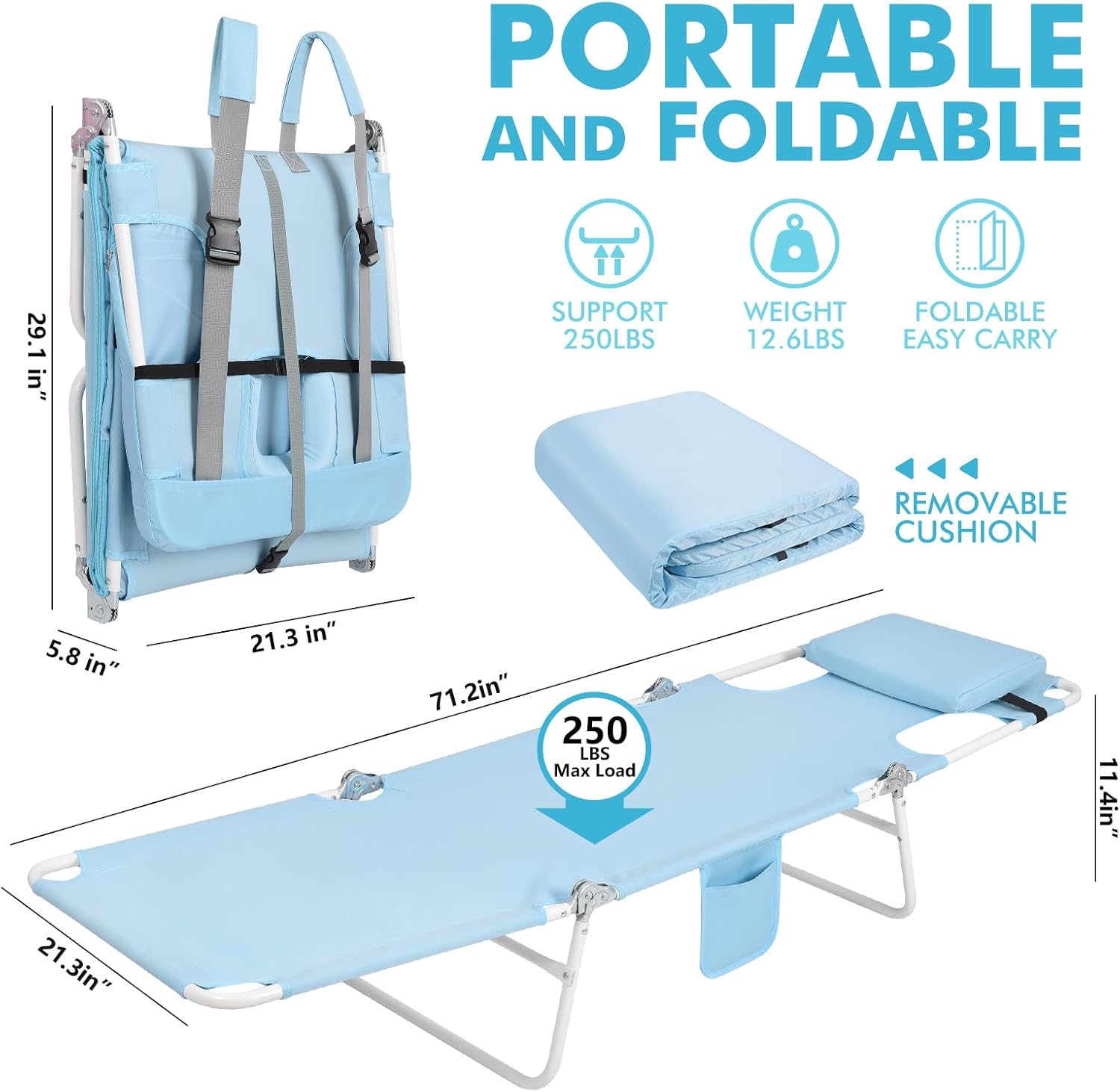 3 in 1 women comfort backpack beach tanning lounge chair with cushion face hole softer padded adjustable washable, layout sun chair for adults outside reading sunbathing poolside, 6 position, 2 pack light blue / 2 pack classic