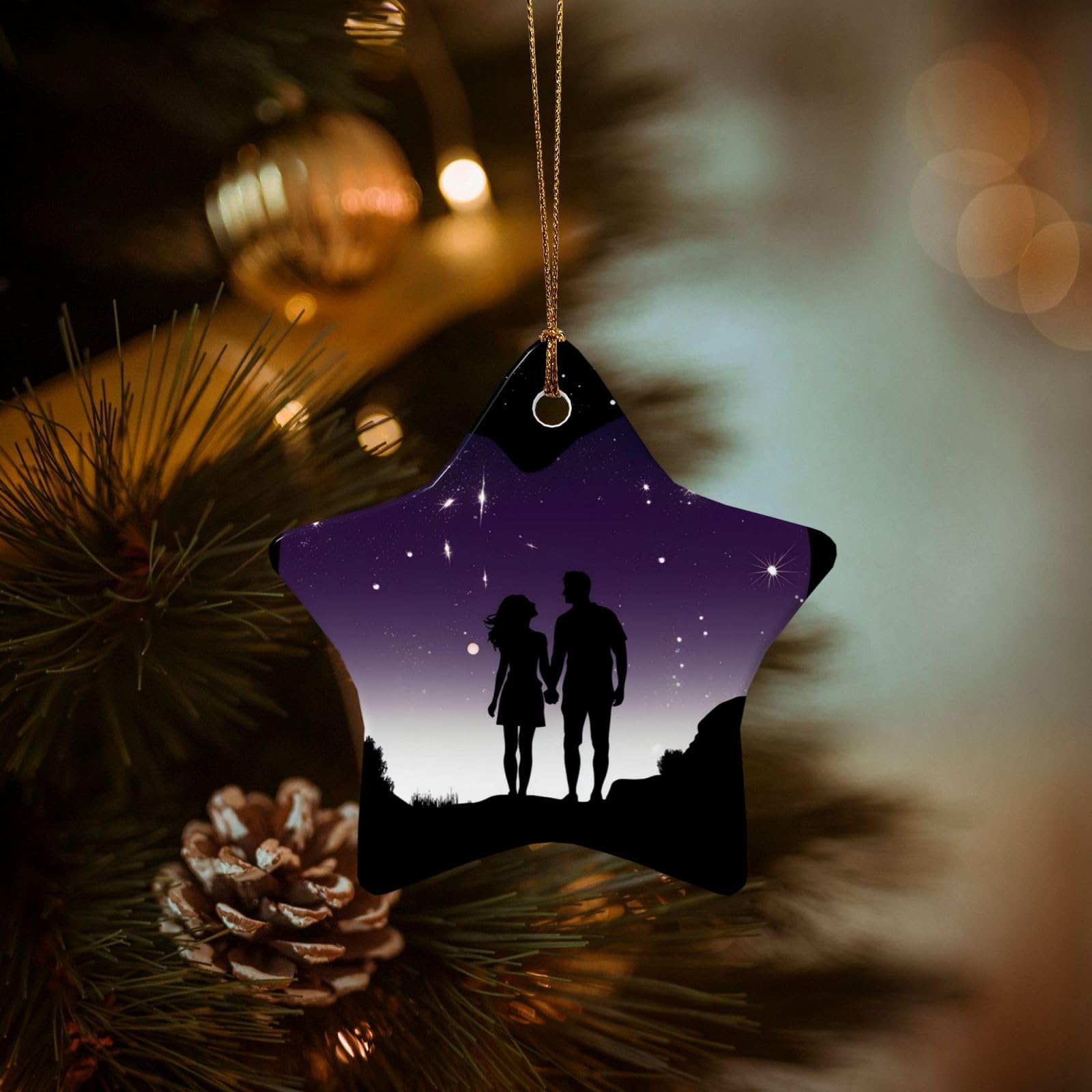 Christmas Tree Ornaments Ceramics Christmas Decorations Space Silhouette Couple Ornaments with Gold Ribbon Porcelain Xmas Tree Crafts Star Shape Hanging Pendant for Christmas Tree Party Decor